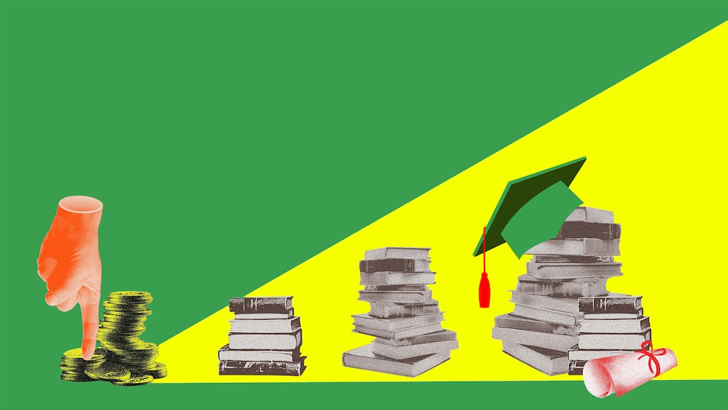 Zahlen bis zur Volljährigkeit? Das reicht nicht ganz Vom kleinen Geldstapel links, zu immer grösser werdenden Bücherstapeln, die sich nach rechts verlagern. Je länger eine Ausbildung dauert, desto eher fragen sich Eltern, wie lange sie die Ausbildung für ihren Sohn oder ihre Tochter finanzieren müssen.