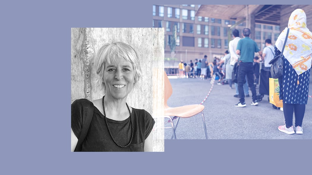 «Der Druck des Migrationsamts ist nicht zu unterschätzen» Bildkollage aus Keystonebild:Beduerftige warten vor die Hallen Manegg auf die Ausgabe von Lebensmitteln, fotografiert am 21. August 2021 in Zuerich. Das Programm "Essen fuer alle" der Pfarrer Sieber Stiftung verteilt jeden Samstag im Manegg Hallen rund 15 Tonnen Lebensmittel an 800 beduerftige Familien. KEYSTONE/Gaetan BallyPorträt von Erika Schilling, Beratungsstelle MIRSAH zum Thema Armut ist kein Verbrechen.