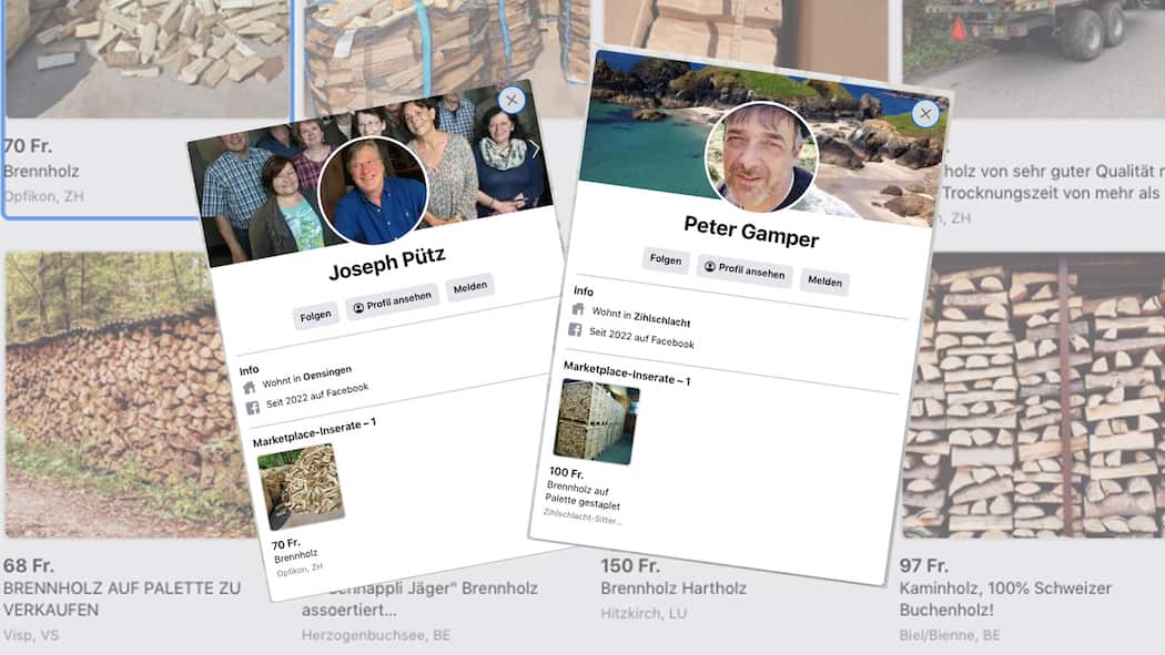 Wie Kriminelle ihre Geldwäscher rekrutieren Screenshots von Fake Profilen und Fake Inseraten auf Facebook Marketplace. Auf Verkaufsplattformen zocken Kriminelle Gutgläubige ab und missbrauchen sie als Geldwäscher. Der Beobachter deckt ihre Masche auf.