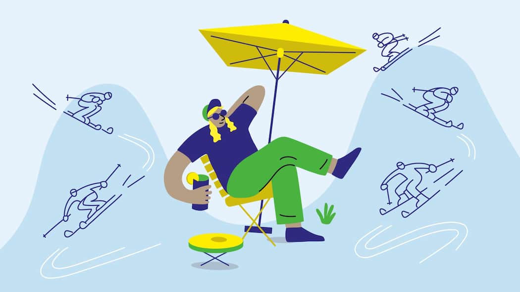 Warum mein Sofa besser als die Skipiste ist Illustration Person mit Sonnenbrille mit Skifahrern im Hintergrund – Beobachter 05/2026 Illustration Schlusspukt Alles fährt Ski. Illustration: Doro Spiro