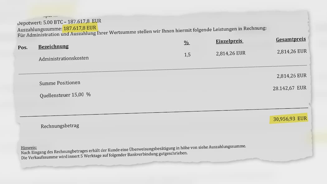 Die neue Masche der Online-Betrüger Zuerst 31'000 Euro zahlen: Auszug einer Rechnung eines Bitcoin-Betrügers