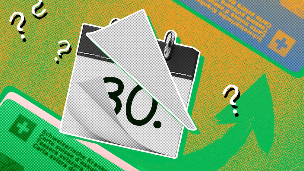 Schritt für Schritt zur neuen Krankenkasse Ein Kalender mit dem 30. darauf vor Schweizer Krankenkassenkarten und Fragezeichen – Was es beim Kassenwechsel zu beachten gibt. Tipps, Termine und Musterbriefe.