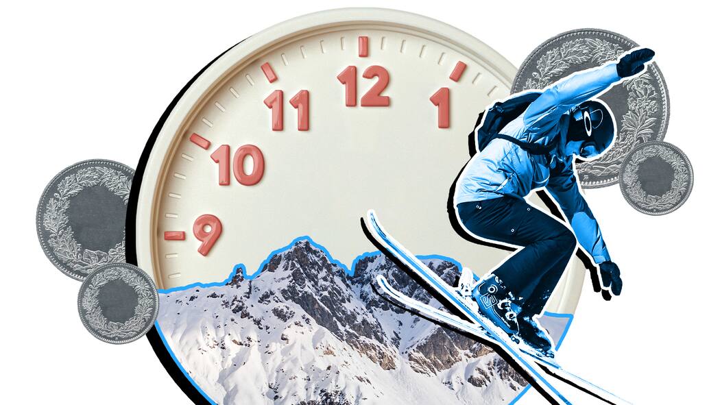 Mit dem Beobachter günstiger auf die Piste Ein Skifahrer vor einer Uhr mit Bergpanorama und Münzen. Skigebiete verlangen dynamische Preise