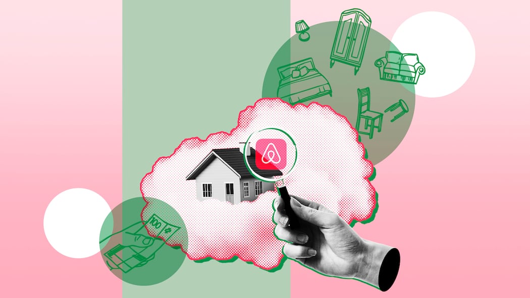 Mietwohnung auf Airbnb stellen – ist das erlaubt? Eine rosa Wolke mit Haus darauf und schematischem Mobiliar darüber. Eine Lupe zeigt das Logo von Airbnb. Was gilt rechtlich?