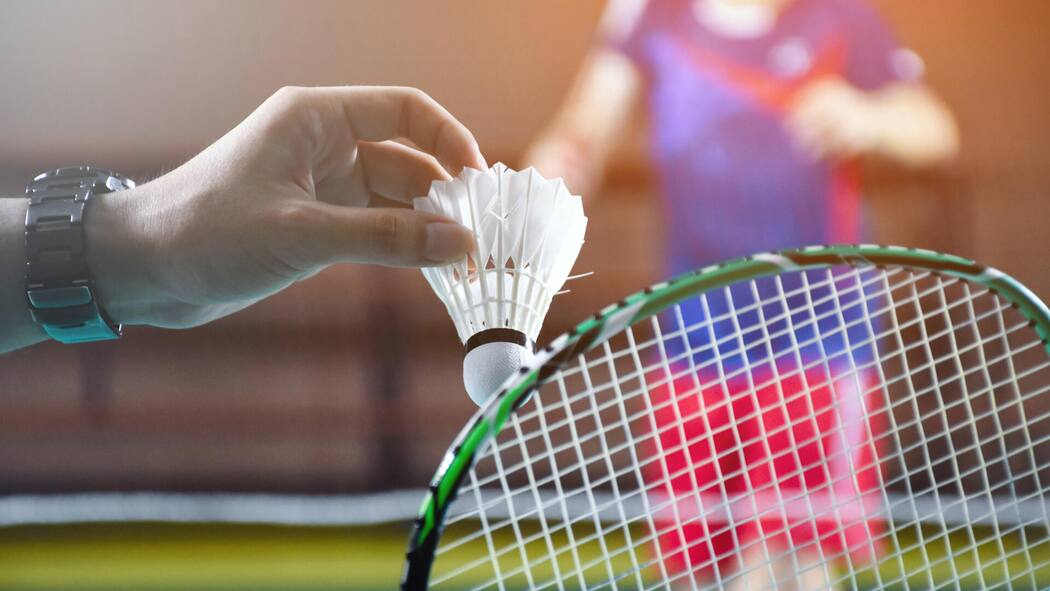 Antitherapie als Therapie – wenn Sport mehr bringt als Reden Men single badminton player holds racket and white cream shuttlecock in front of the net before serving it to another side of the court, soft and selective focus.2213567439