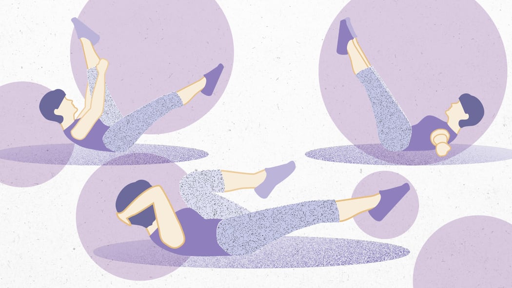 Rückenschmerzen? Diese Pilates-Übungen für zu Hause helfen Illustrationen von drei Übeungen - Gute Neuigkeiten: Schon zehn Minuten Training pro Tag reichen, um die Bauch- und Rückenmuskulatur zu stärken und sich vor Rückenschmerzen zu schützen
