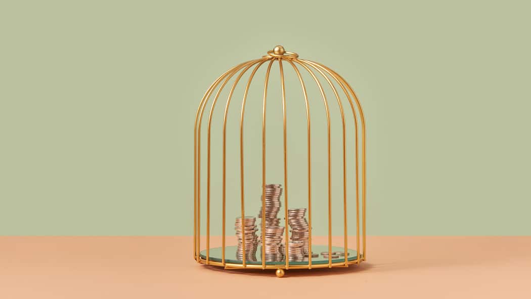 Wegen Erbschaft in die Sozialhilfe Geldmünzen aufgehäuft in einem Vogelkäfig