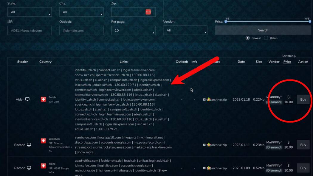 Uni-Zürich-Hack kostet nur 10 Dollar Screenshot von Hackerangebot für Zugangsdaten von Uni Zürich. Frei käuflich: Zugangsdaten für Server der Uni Zürich. Preis: 10 Dollar.