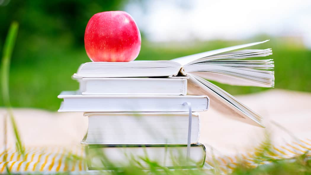 Was taugen Ernährungstipps aus Büchern? Bücherstapel mit Apfel oben drauf