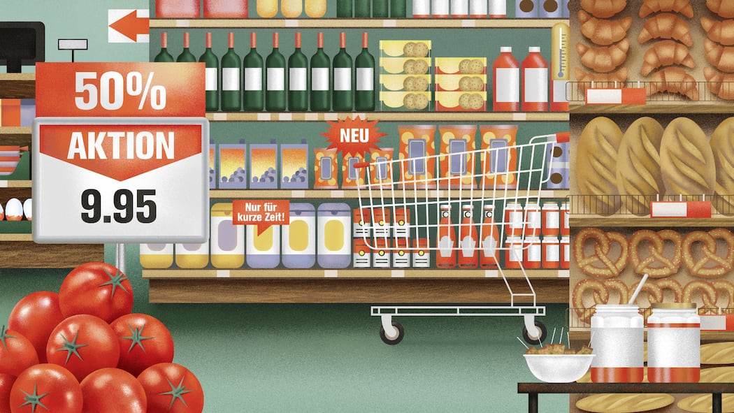 Erkennen Sie die Tricks im Laden! Illustration Supermarkt mit verschiedenen Tricks, die zum Kaufen verleiten sollen