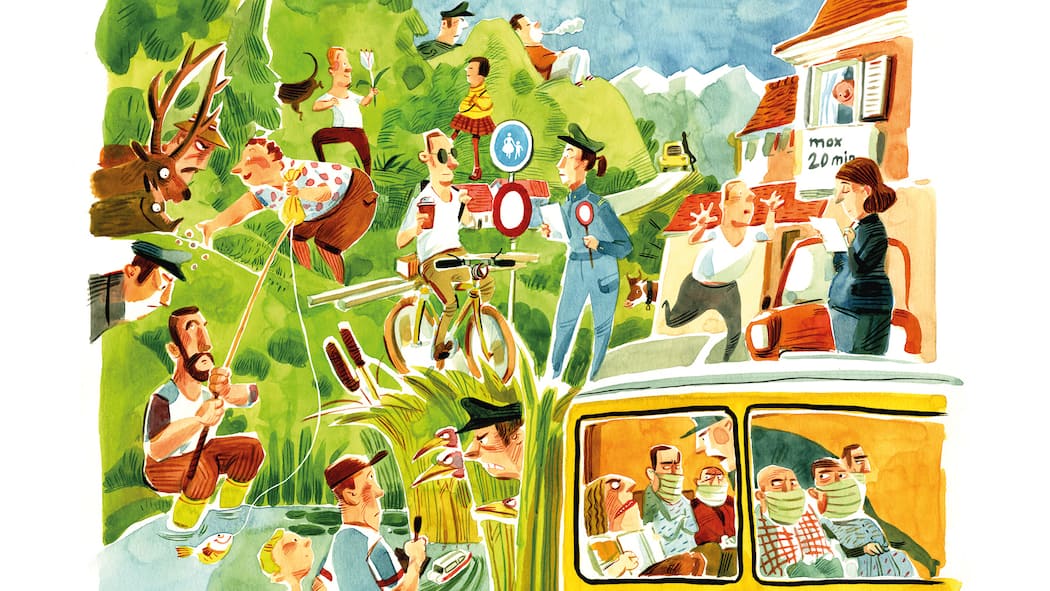 So werden Bagatelldelikte geahndet Eine Illustration zeigt mehrere Alltagsszenen, bei denen verschiedene Personen – ob bewusst oder unbewusst – eine Ordnungsbusse zahlen aufgrund eines Vergehens.