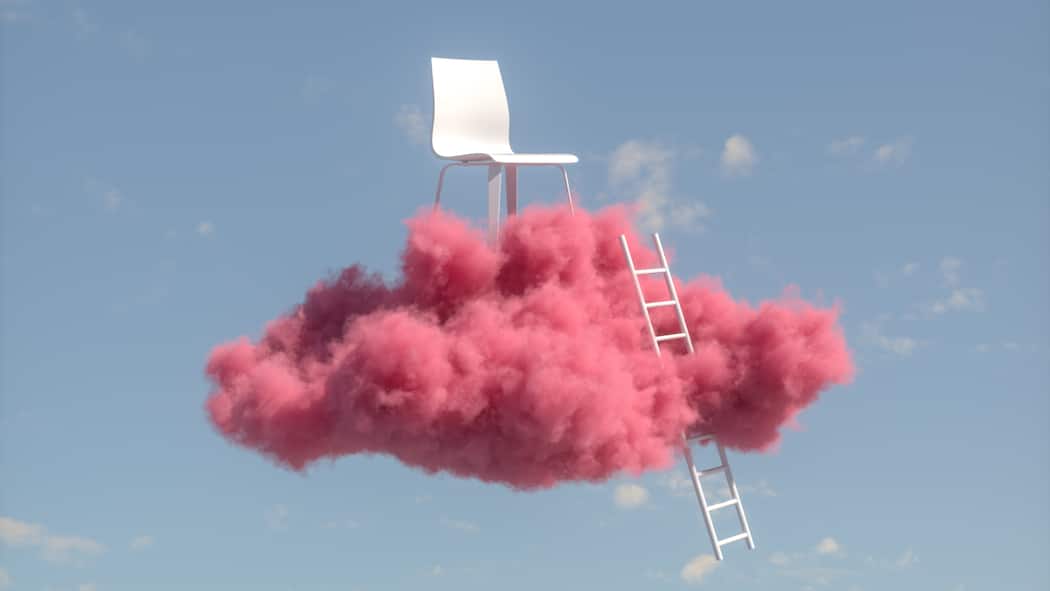 Neu im Chefsessel? Das kommt bald auf Sie zu Eine Leiter, als Symbol für die Karriereleiter, ist an eine rosafarbige Wolke gelehnt, auf der ein Chefsessel bzw. ein Stuhl platziert ist. Diese Pflichten haben Vorgesetzte.