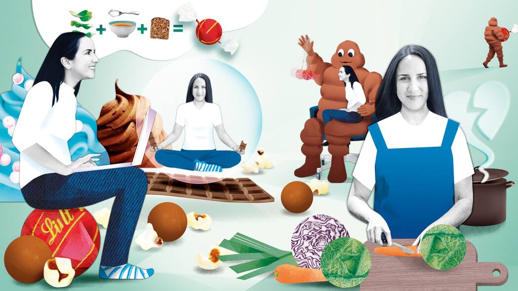 Die Gier in mir Beobachter-Autorin Nicole Krättli will in einem Selbstversuch herausfinden, wie emotionales Essverhalten sich bei ihrer Ernährung auswirkt und was die Gründe dafür sind. Die Autorin ist in verschiedenen illustrierten Posen dargestellt. Etwa meditierend mit Schokolade in den Händen oder auf einer Schoggikugeln sitzend beim Arbeiten auf dem Laptop.