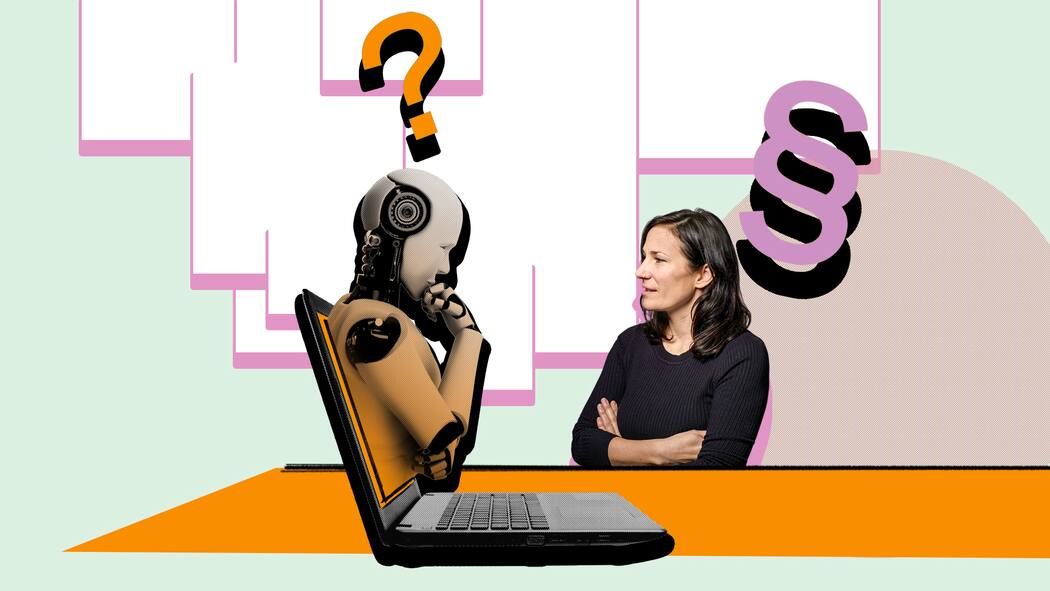 Was verstehst du von Kaufverträgen, ChatGPT? Beobachter-Rechtsexpertin Nicole Müller stellt juristische Fragen an den Chat-Bot «ChatGPT». Die künstliche Intelligenz ist als Roboter dargestellt, die aus einem Laptop-Bildschirm hinausragt. In dieser Unterhaltung will die Juristin mehr über Kaufverträge wissen und was in Bezug dessen im Schweizer Recht gilt.