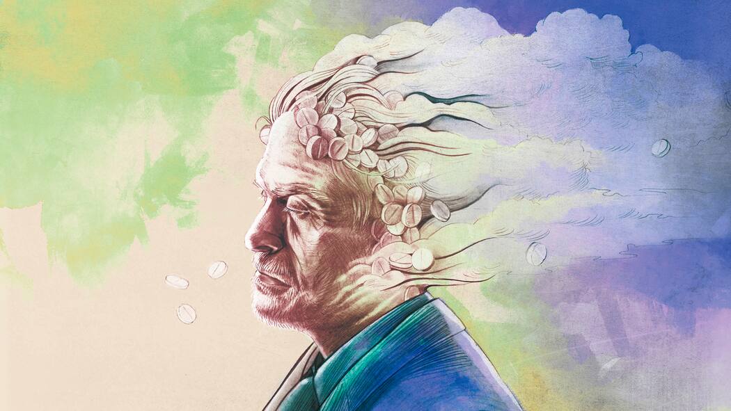 Plötzlich war er süchtig Illustration Mann mit Schmerzmittel in den Haaren. Glücklich verheiratet und erfolgreich im Job: Ein Banker genoss sein Leben – bis er nach einer Rückenoperation abhängig von Schmerzmitteln wurde.