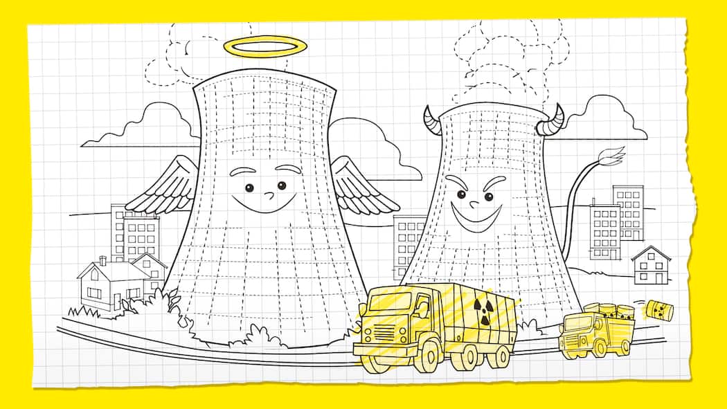 Sind AKW wirklich gut fürs Klima? Illustration AKW als Engelchen oder Teufelchen: Sind AKW wirklich gut fürs Klima? Viele finden Atomkraftwerke gut – viele finden sie schlecht. Wir erklären auf drei Arten, warum.