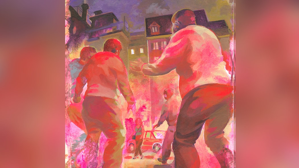 Die Erinnerung quält sie jeden Tag Eine Frau wird von vier Männern umzingelt