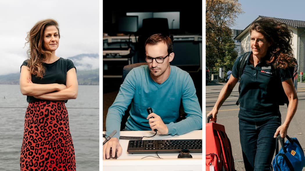 Wie Fluglotsen und Notfallärztinnen Ruhe bewahren Nicole Haut-Cavegn (selbständige Unternehmerin), André Reinmann (Fluglotse) und Simone Meyer (Notfallärztin)