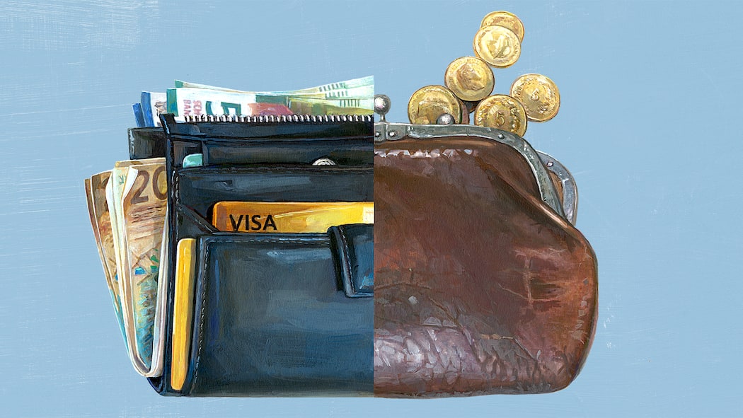 Wie die Schweiz Ungleichheit produziert Halbes Portemonnaie mit viel Geld und halbes Portemonnaie mit wenigen Münzen