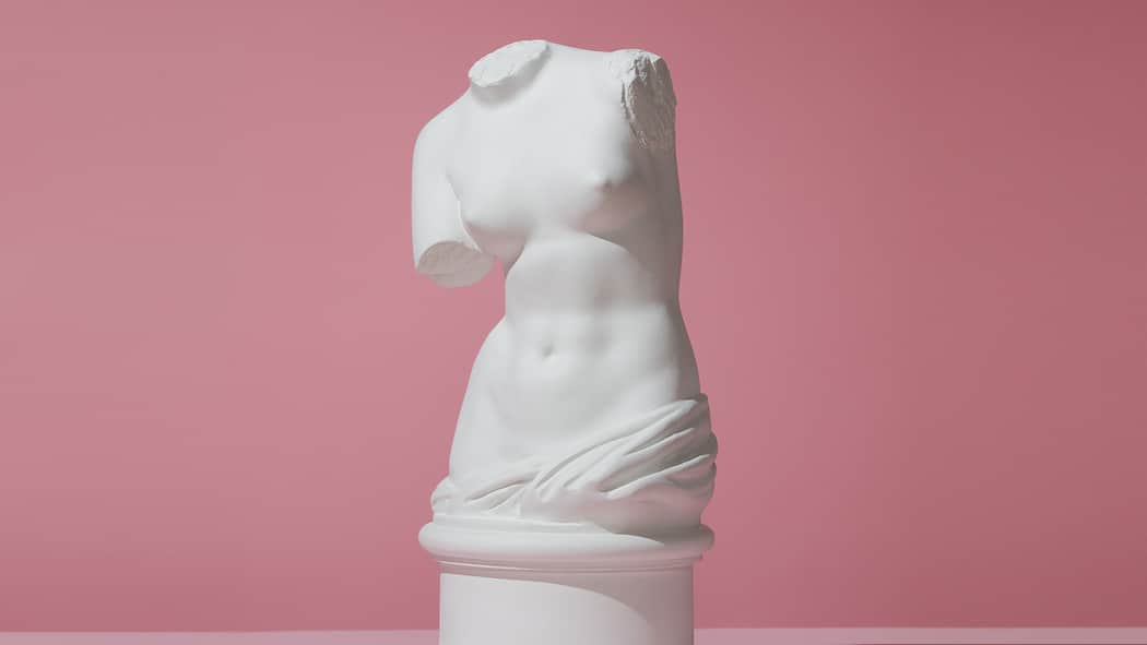 Unterstützung für den Beckenboden Ein Torso aus Gips der griechischen Göttin der Liebe und Schönheit, Venus, auf rosarotem Hintergrund.