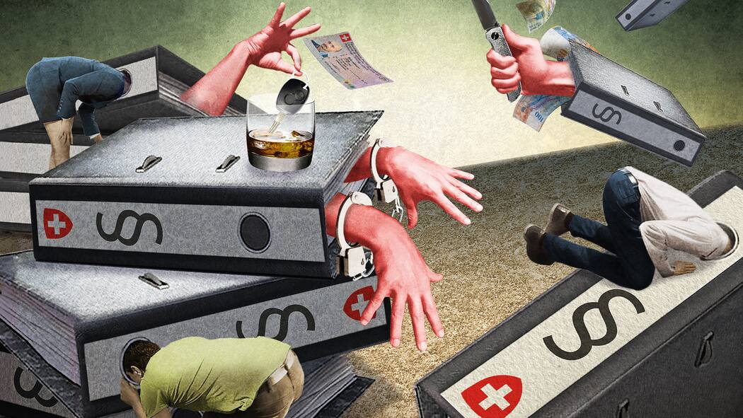 Wer darf meine Sünden sehen? Karikatur mit verschiedenen Delikten, beispielsweise Alkohol und Autoschlüssel, Spanner, Handschellen etc.