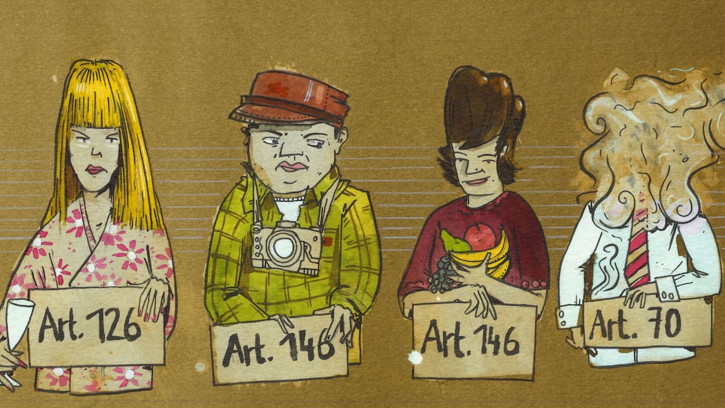 Wir alle sind Verbrecher Illustration mit vermeintlichen Verbrechern, die ein Schild mit Nummern aus einem Gesetzesartikel hochhalten.