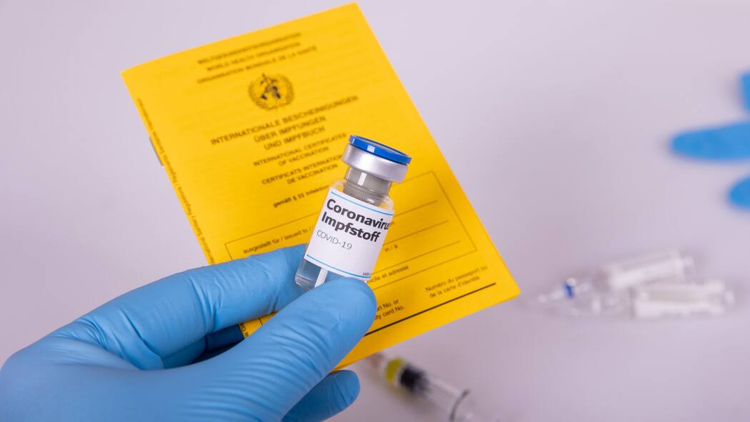 Wenig Transparenz beim digitalen Impfausweis Eine medizinische Person hält einen Papier-Impfausweis und den Impfstoff in der Hand.