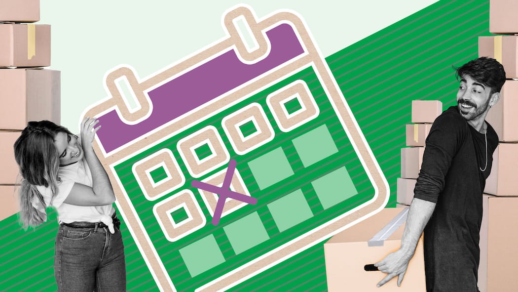 Ausziehen vor dem Kündigungstermin – das gilt Eine Mieterin und ein Mieter schleppen Kartonschachteln sowie einen übermässig grossen Kalender, der sinnbildlich für die vorzeitige Wohnungsrückgabe steht. Was mietrechtlich in der Schweiz gilt, wenn der Auszug aus der Wohnung vor dem Kündigungstermin erfolgt.