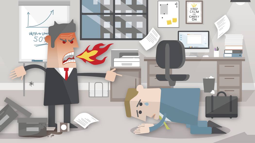So bekommen Sie Ihren Boss in den Griff Eine Karrikatur zeigt ein Büro mit herumfliegenden Blättern, die ein flammenspeiender Chef um sich wirft und mit dem Zeigefinger wütend auf einen Angestellten zeigt, der am Boden kniet.