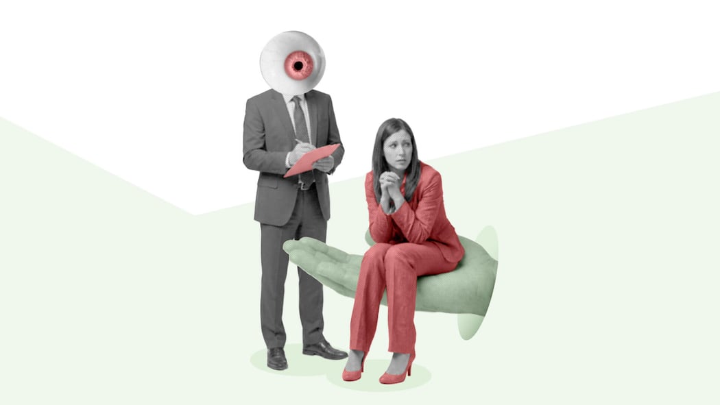 Zur Not dürfen Sie ungeniert lügen Eine Frau in rotem Anzug sitzt auf einer Hand, daneben steht ein Mann mit Augen-Kopf und schreibt etwas auf. Auf welche Fragen im Bewerbungsgespräch man mit einer Notlüge antworten darf.