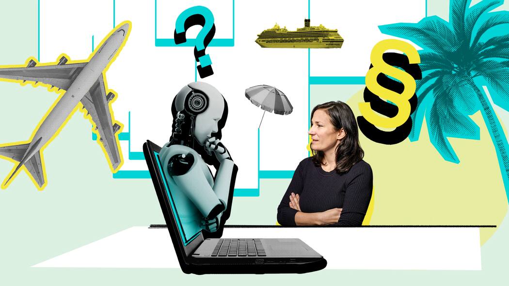 Was verstehst du vom Pauschalreiserecht, ChatGPT? Beobachter-Rechtsexpertin Nicole Müller stellt juristische Fragen an den Chat-Bot «ChatGPT». Die künstliche Intelligenz ist als Roboter dargestellt, die aus einem Laptop-Bildschirm hinausragt. Beim Thema Schweizer Pauschalreiserecht konnte die Rechtsexpertin die KI aufs Glatteis führen.