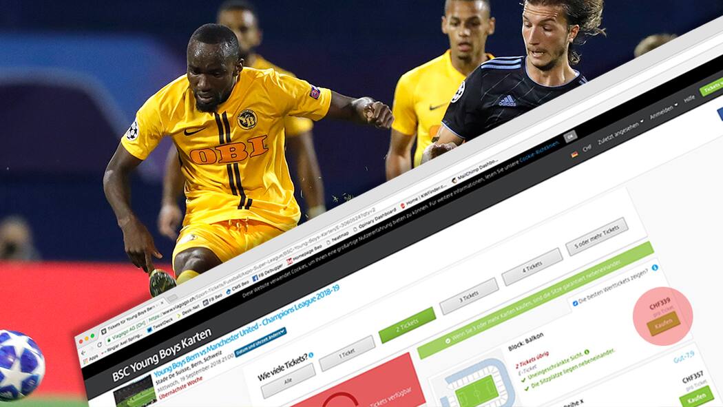 Das Prinzip Viagogo YB-Spiel, daneben die Website von Viagogo mit Tickets für 339 Franken
