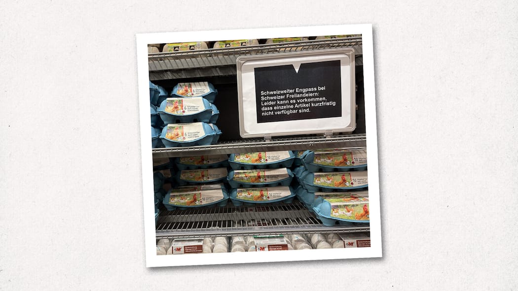 Warum jetzt ausgerechnet die Freilandeier fehlen Schild zu Eierknappheit bei Migros - Migros und Coop haben zu wenige Schweizer Freilandeier, um die Nachfrage vor Ostern abzudecken. Auch weil eine andere Eiersorte nicht mehr so gefragt ist