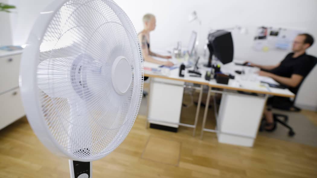 Wer muss den Büro-Ventilator bezahlen? Ein Ventilator ist in einem Büro vor zwei Arbeitstischen aufgestellt - Was können Angestellte in der Schweiz verlangen, wenn es im Büro zu heiss ist? Der Beobachter zeigt, was der Gesundheitsschutz dazu sagt.