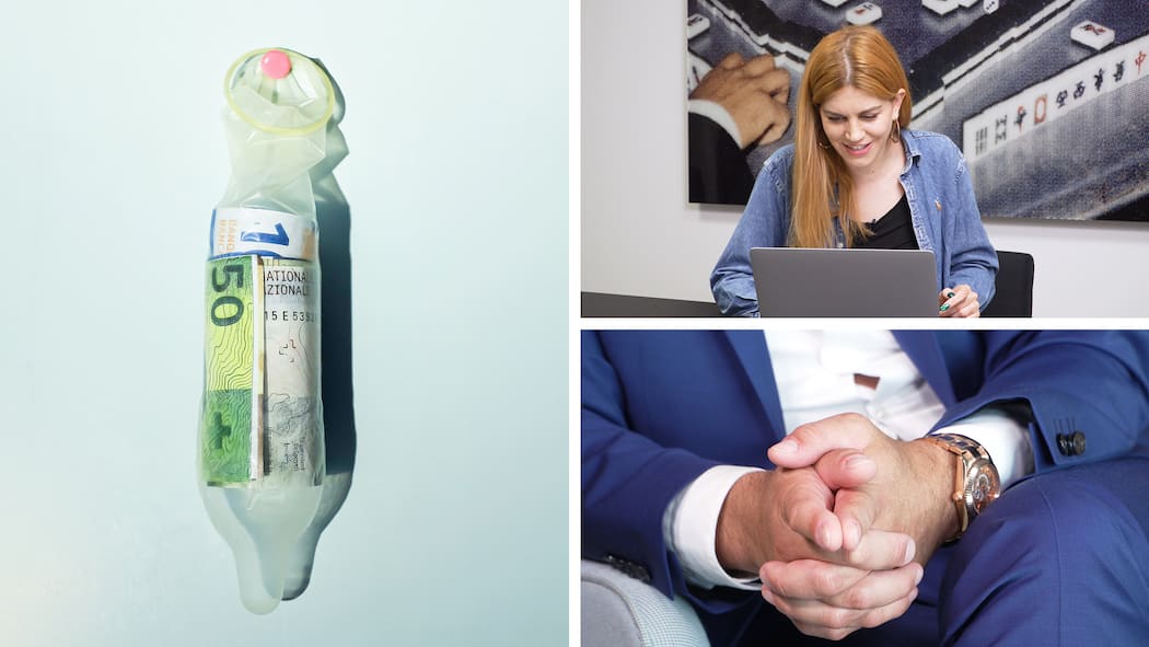 Lust auf einen Callboy? Collage aus drei Bildern: Ein Kondom gefüllt mit Schweizer Banknoten, das an eine Wand genagelt ist. Jenny Keller recherchiert am Laptop. Callboy Kevin hat seine Hände ineinander gefaltet.
