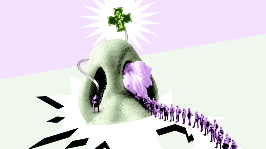 Bei welchen Beschwerden die Apotheke weiterhelfen kann Ein verstopfter Nasenflügel ist mit einem Wattestück versehen, während beim anderen Nasenflügel ein Angelhaken angebracht ist, an deren Ende ein Apotheken-Schild zu sehen ist - Dass man mit einer Grippe nicht den Notfall belastet, ist vielen mittlerweile klar. Aber auch der Gang zur Hausärztin ist nicht immer nötig: Oft kann auch die Apotheke weiterhelfen.