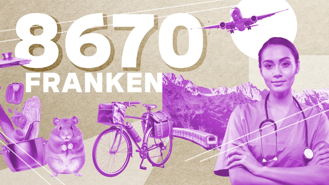 «Ich verdiene mehr und  übernehme  60 Prozent der gemeinsamen Ausgaben» Illustration Collage Abrechnung, Folge 47: Assistenzärztin, Farbversion 1