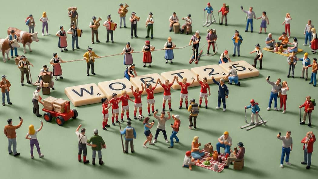 Was «Mammakorv» und «Elch Emil» über das Jahr 2025 verraten KI-generierte Illustration - Quiz zur Sprache der Gegenwart 2025.