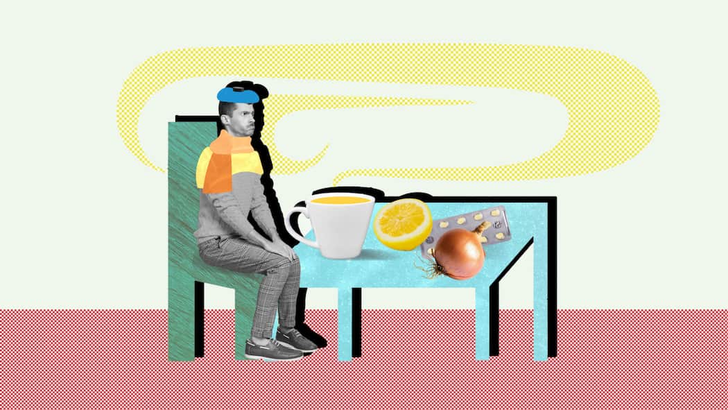 Sieben Tipps gegen Grippe – und was sie wirklich taugen Collage, rstellt am Dienstag, 4. November 2025 für den Beobachter. Bildmaterial: Shutterstock Orginal Image ID: shutterstock_2237011457 Creative photo 3d collage artwork postcard poster of stressed depressed man receive treatment hot beverage isolat…