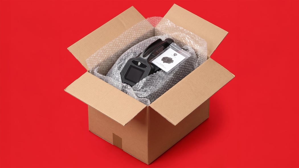 Nach stundenlanger Produktpräsentation ist die Balkontür defekt Dampfreiniger von KG-Swiss vertrieben, verpackt in einer Schachtel.Die Verpackung wurde mit Gemini generiert.
