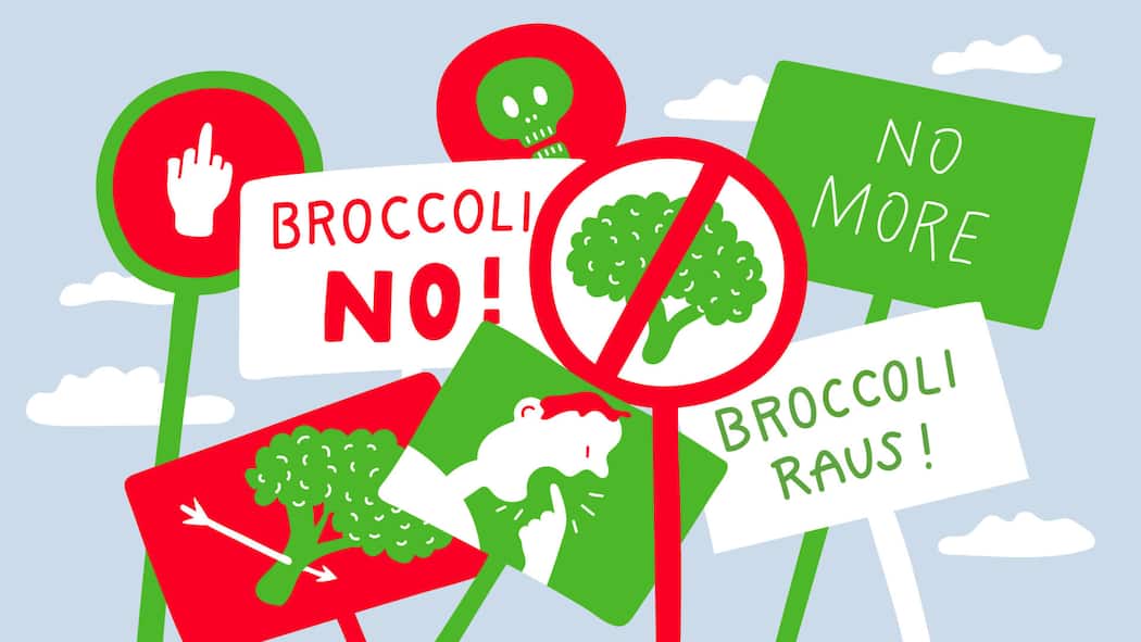 Iss jetzt deinen Broccoli! Illustration zum Schlusspunkt Kinder und Gemüse, BEO 12/26