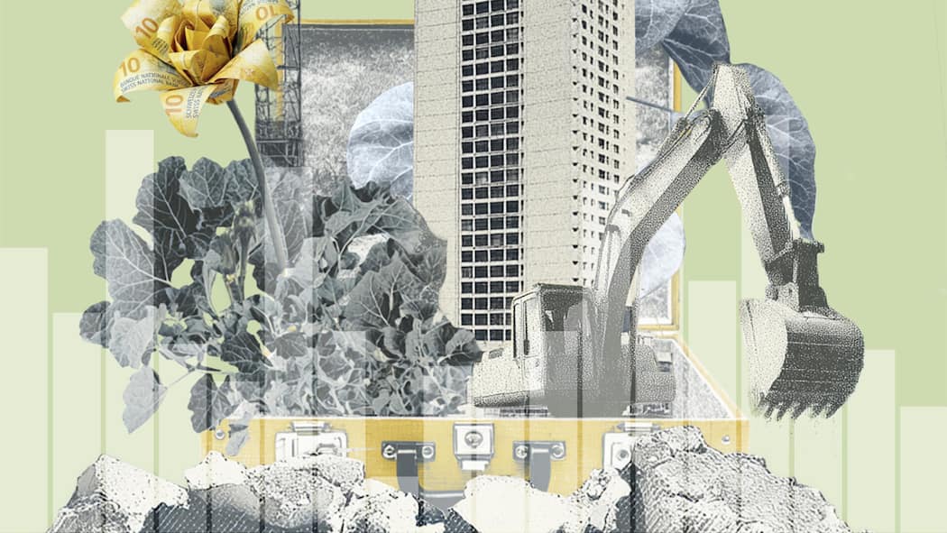 Die Mieten steigen – die Löhne stagnieren Collage zum Thema Wohnen, Miete und Bauen.