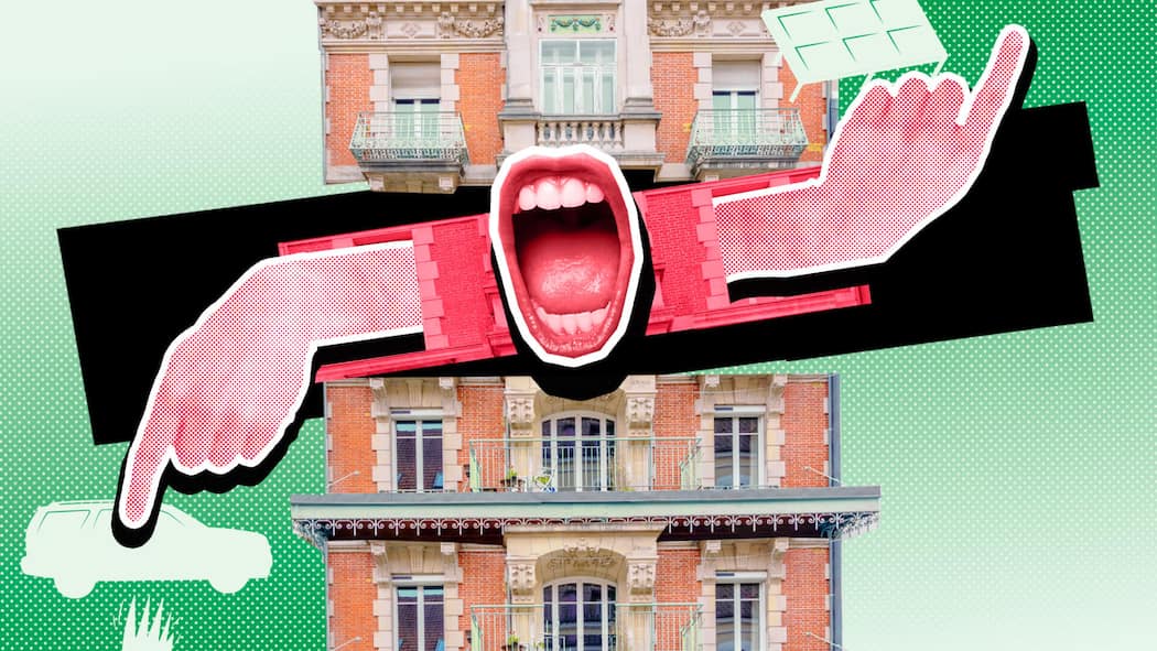 Wie ein Querulant alle in den Wahnsinn treibt Ein weit aufgerissener Mund aus dem zwei Hände reichen ist vor einem Wohnhaus in einer Illustration platziert - Querulanten sind Menschen, die sich unnötigerweise beschweren und dabei starrköpfig auf ihr vermeintliches Recht pochen. Das können Nachbarn tun, wenn sie einen Querulanten im Stockwerkeigentum haben.