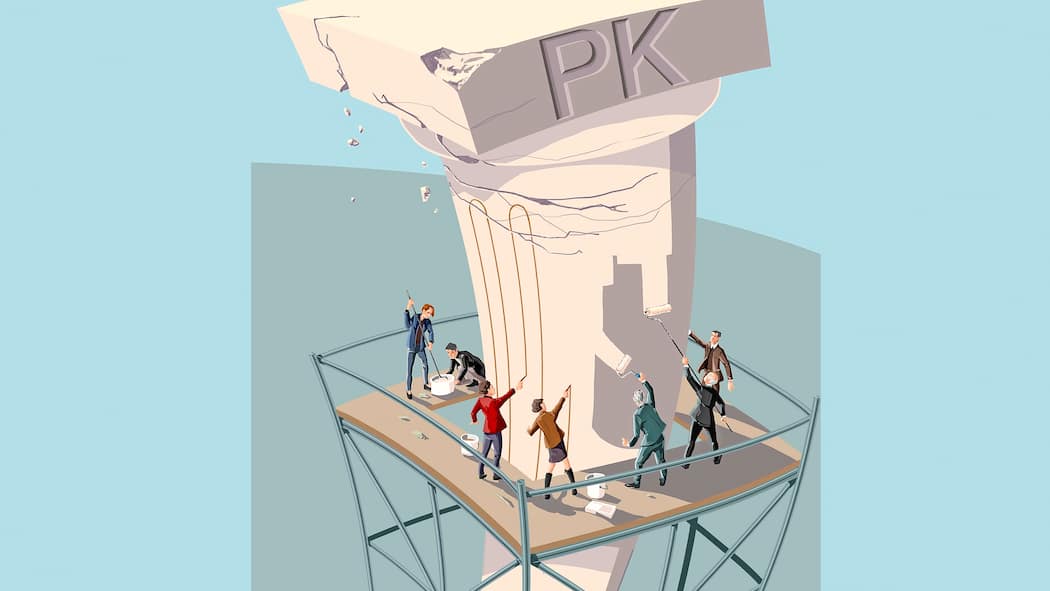 So wird das nichts mit der Pensionskassen-Reform Illustration: Menschen malen PK-Säule neu