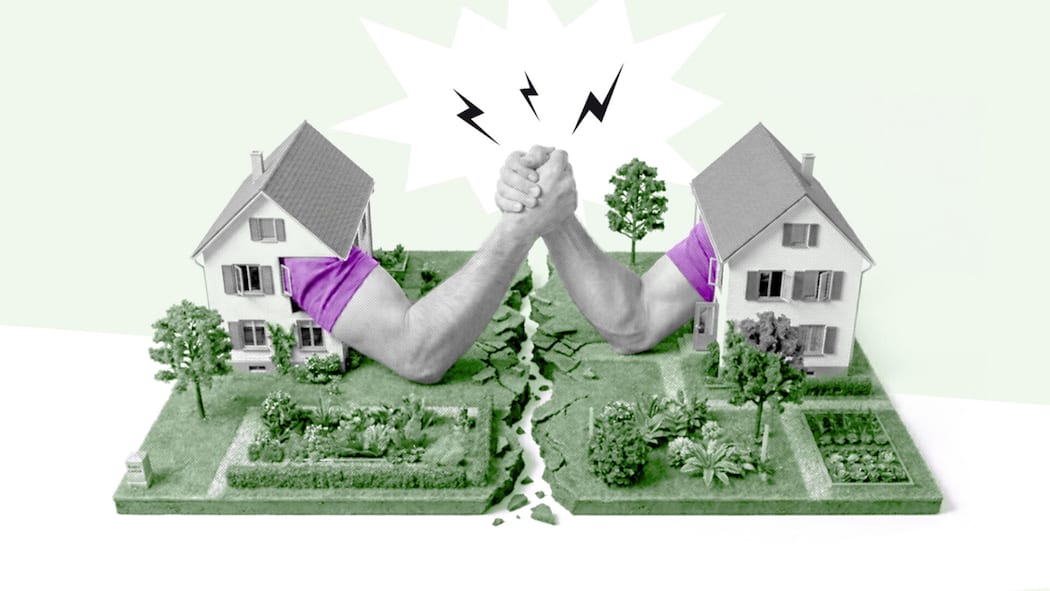 Sie wollen den Garten neu gestalten? Ihr Nachbar darf mitreden Zwei Hände machen ein Armdrücken in angrenzenden Gärten mit Häuschen – Der Frühling ist da und mit ihm die übereifrigen Hobbygärtner. Doch so manchem Plan kommen Recht und Ordnung in die Quere: Szenen eines Gärtnerlebens