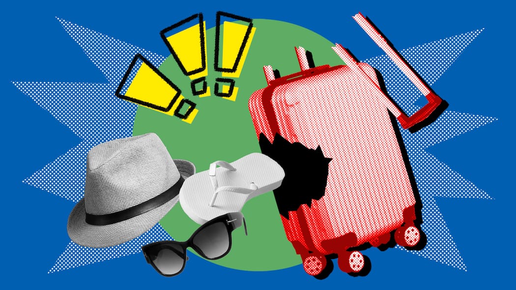 Welche Reiseversicherungen man wirklich braucht Ein Reisekoffer mit abgebrochenen Trägern steht zusammen mit einem Sommerhut, Sandalen und Sonnenbrille vor einem blauen Hintergrund. Wenn in den Ferien etwas schiefgeht, kann eine Reiseversicherung den finanziellen Schaden decken. In welchen Fällen macht sie Sinn?