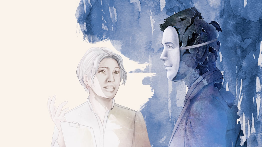 Was ist denn los mit dir? Eine Teamleiterin unterhält sich mit einem Arbeitskollegen. Der Angestellte ist mit einer Maske dargestellt, ähnlich zu einer Karnevalsmaske, jedoch mit ernstem Gesichtsausdruck.