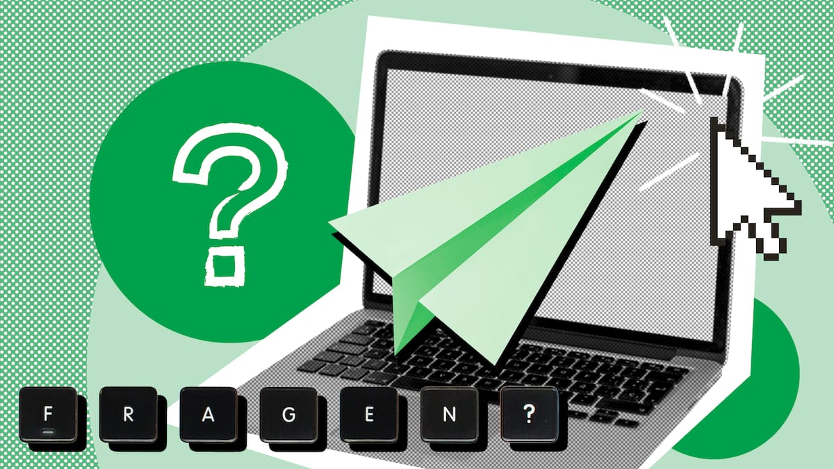 Zu einem Laptop steht ein grünes Fragezeichen und ein grüner Papierflieger, darunter sind die Computer-Tasten F R A G E N aneinandergereiht. Als Beobachter-Abonnentin oder als Beobachter-Abonnent können Sie Ihre Beratungsanfrage auch schriftlich über unser Kontaktformular stellen
