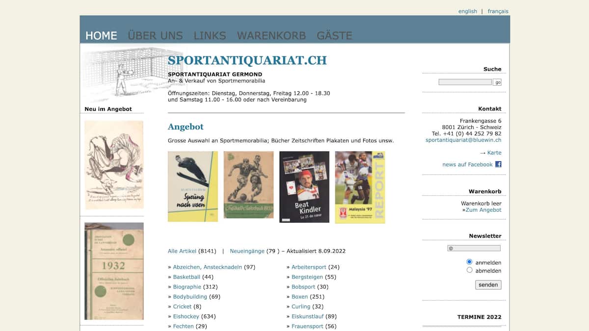 Screenshot der Website Sportantiquariat