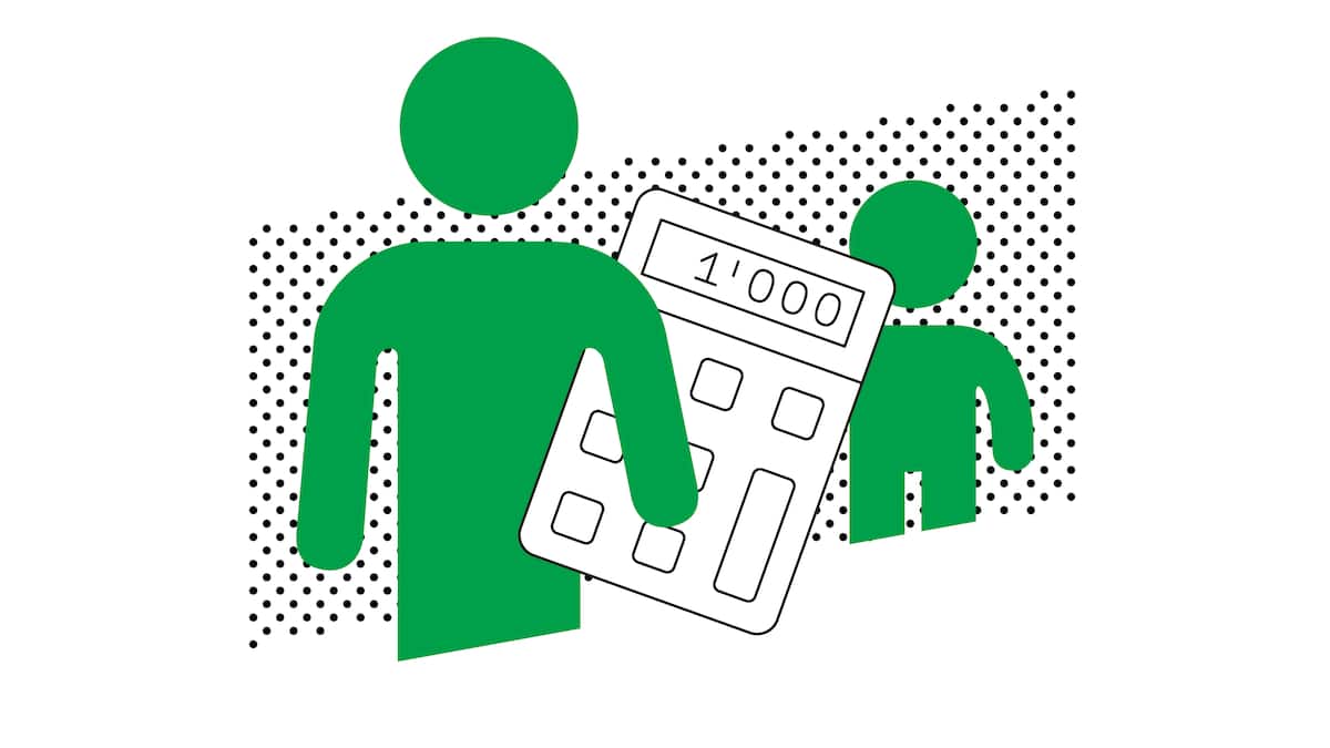Zwei grüne Personen mit einem Taschenrechner